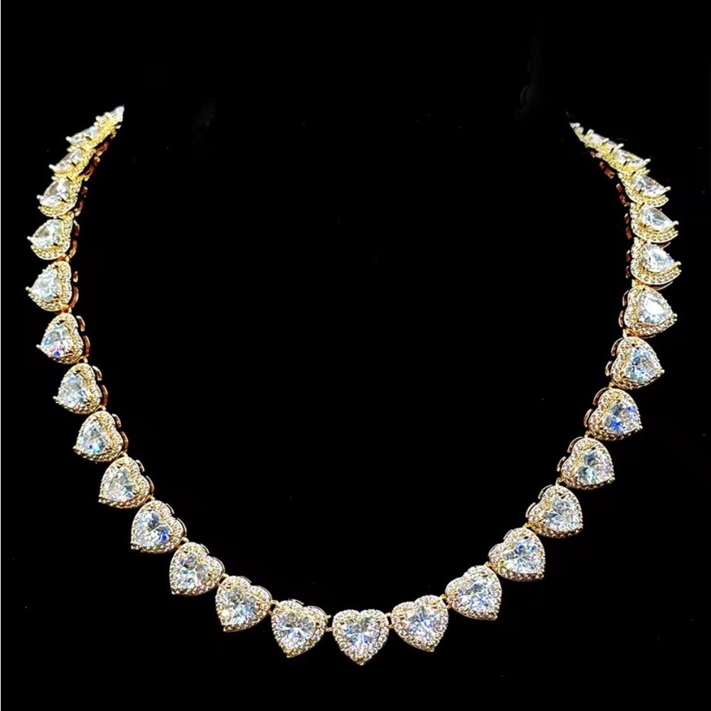 Gold Heart Tennis Necklace with Clear Stones - Women Jewelry 16inch